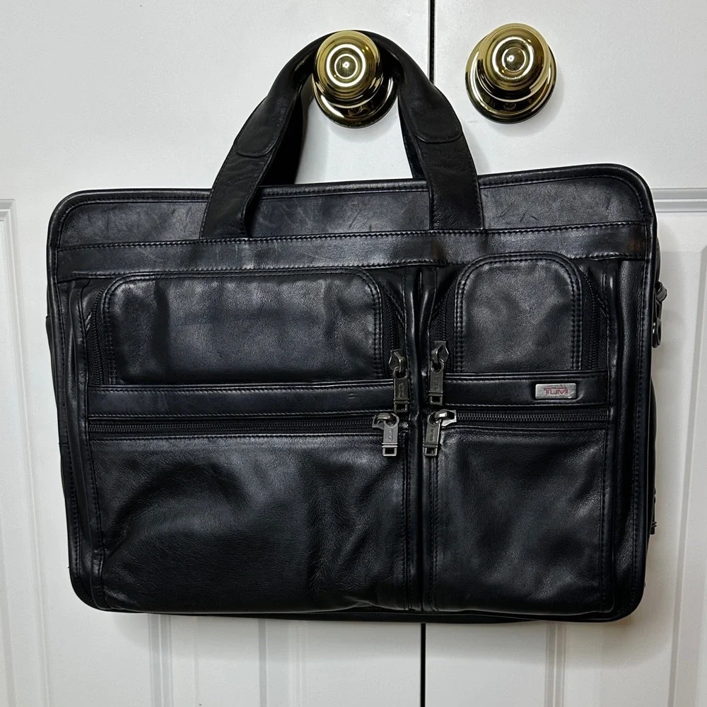 Tumi Alpha Leather Expandable Organizer Briefcase Black Laptop Bag